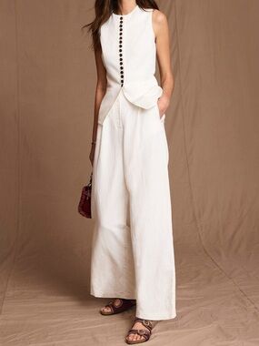 BRAND NEW Mint Velvet Cream Linen Blend Pleated Wide Leg Trousers in US 4 Long